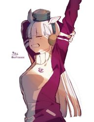 Rule 34 | 1girl, animal ears, arm behind head, arms up, black hat, blush, closed eyes, ear covers, gold ship (umamusume), hat, highres, horse ears, jacket, long hair, long sleeves, mini hat, open mouth, purple jacket, signature, simple background, sofra, solo, stretching, track jacket, twitter username, umamusume, very long hair, white background, white hair