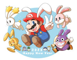 Rule 34 | 1girl, 2023, 3boys, :d, absurdres, animal ears, aogaeru (pixiv46613656), bandana, bandana over mouth, black eyes, blue eyes, blue overalls, blue pants, blurry, blurry background, brown footwear, brown hair, buck teeth, bunny mario, buttons, chinese zodiac, closed mouth, commentary, commentary request, english commentary, facial hair, fake animal ears, gloves, happy new year, hariet (mario), hat, highres, holding, holding sack, long sleeves, looking at viewer, mario, mario (series), mips, mixed-language commentary, multiple boys, mustache, nabbit, new super mario bros. u, new year, nintendo, open mouth, overalls, pants, rabbit, rabbit ears, rango (mario), red headwear, red shirt, sack, shirt, shoes, short hair, simple background, smile, sparkle, spewart, star bunny, super mario 3d world, super mario 64, super mario galaxy, super mario land 2, super mario odyssey, teeth, topper (mario), two-tone background, upper teeth only, v, white background, white bandana, white gloves, year of the rabbit