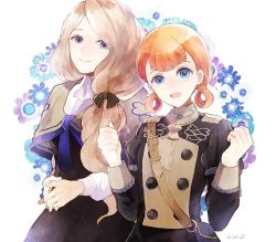 Rule 34 | 2girls, annette fantine dominic, artist name, bad id, bad twitter id, blonde hair, blue eyes, bow, closed mouth, fire emblem, fire emblem: three houses, hair bow, long sleeves, low ponytail, mercedes von martritz, multiple girls, nintendo, okii, open mouth, orange hair, simple background, smile, twintails, uniform, upper body, white background
