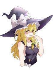 Rule 34 | 1girl, :p, absurdres, adapted costume, arm at side, bare shoulders, black hat, black vest, blonde hair, blush, bow, braid, breasts, buttons, cleavage, collarbone, commentary request, hair bow, hand on own face, hat, highres, kirisame marisa, long hair, looking at viewer, medium breasts, messy hair, nishizuki shino, sideboob, simple background, single braid, sleeveless, solo, tongue, tongue out, touhou, upper body, vest, white background, witch hat, yellow eyes