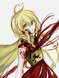 Rule 34 | 1other, androgynous, blonde hair, blood, blood in hair, blood on clothes, blood on face, braid, cape, chinese commentary, commentary request, dress, hair between eyes, highres, len&#039;en, long hair, niao maoban gutou, ooama no ake no mitori, open mouth, other focus, red dress, simple background, sketch, sleeveless, sleeveless dress, solo, twin braids, white background, yellow cape