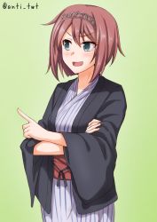 Rule 34 | 1girl, anti (untea9), ark royal (kancolle), bath yukata, blunt bangs, bob cut, commentary request, cowboy shot, crossed arms, gradient background, green background, green eyes, hairband, highres, index finger raised, japanese clothes, kantai collection, kimono, one-hour drawing challenge, open mouth, pointing, red hair, short hair, smile, solo, tiara, twitter username, yukata