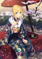 Rule 34 | 1girl, ahoge, artoria pendragon (all), artoria pendragon (fate), blonde hair, blue eyes, blue kimono, blurry, blush, braid, closed mouth, cup, depth of field, earrings, fate/stay night, fate (series), floral print, fur collar, green tea, hair between eyes, hand up, highres, japanese clothes, jewelry, kimono, leaning forward, legs together, looking at viewer, matsuharu (lip-mil), obi, oil-paper umbrella, outdoors, saber (fate), sash, short hair with long locks, sitting, smile, snow, solo, tea, umbrella