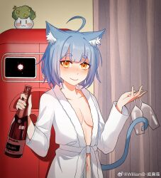 1girl ahoge alcohol alternate_costume animal_ears atlanta_(warship_girls_r) bathrobe blue_hair blush bottle breasts cat_ears cat_tail collarbone cup drinking_glass highres holding looking_at_viewer navel short_hair small_breasts smile solo tail warship_girls_r weibo_logo weibo_watermark williamb wine wine_glass yellow_eyes