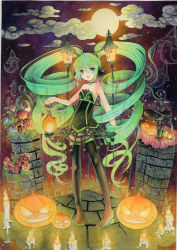 Rule 34 | 1girl, boots, cat, choker, cloud, colored pencil (medium), flower, full moon, ghost, green eyes, green hair, hat, hatsune miku, headphones, highres, jack-o&#039;-lantern, lamp miku, lantern, long hair, matching hair/eyes, moon, mosho, night, open mouth, painting (medium), skirt, solo, thigh boots, thighhighs, traditional media, twintails, very long hair, vocaloid, watercolor (medium), witch hat