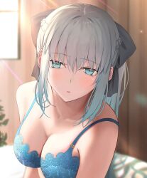 Rule 34 | 1girl, absurdres, black bow, blue bra, blue eyes, bow, bra, braid, breasts, cleavage, fate/grand order, fate (series), french braid, grey hair, hair bow, half up braid, highres, large breasts, light blush, long hair, looking at viewer, mishiro (ixtlolton), morgan le fay (fate), parted lips, ponytail, sidelocks, solo, underwear, underwear only, upper body