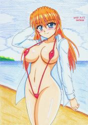Rule 34 | 1girl, absurdres, artist name, beach, blue eyes, blush, breasts, closed mouth, covered erect nipples, dated, gh9000, highres, large breasts, long hair, lyrical nanoha, mahou shoujo lyrical nanoha strikers, navel, one-piece swimsuit, orange hair, red one-piece swimsuit, slingshot swimsuit, smile, solo, swimsuit, teana lanster