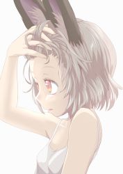 Rule 34 | 1girl, animal ears, bare arms, breasts, camisole, forehead, grey hair, hand in own hair, highres, ishikkoro, medium breasts, mouse ears, nazrin, parted lips, red eyes, short hair, simple background, solo, touhou, white background