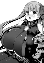 Rule 34 | 10s, 1girl, bad id, bad pixiv id, blush, breast expansion, breasts, commentary request, fate/extra, fate/extra ccc, fate (series), gauntlets, gigantic breasts, greyscale, hair ribbon, long hair, looking at viewer, monochrome, open mouth, passionlip (fate), ribbon, solo, sweat, yukinojou yakan