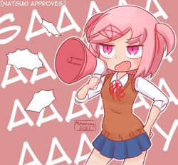 Rule 34 | 1girl, artist name, blue skirt, blush, breasts, brown sweater vest, character name, chibi, commentary, cowboy shot, dated, doki doki literature club, dress shirt, english commentary, english text, fang, hair ornament, hair ribbon, hand on own hip, highres, holding, holding megaphone, jitome, megaphone, minzzway, natsuki (doki doki literature club), neck ribbon, open mouth, parody, pink eyes, pink hair, pleated skirt, red ribbon, ribbon, school uniform, shirt, short hair, shouting, skirt, slit pupils, small breasts, solo, style parody, sweater vest, swept bangs, terada tera (style), two side up, upturned eyes, v-shaped eyebrows, white shirt, x hair ornament