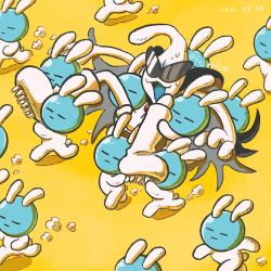 Rule 34 | alien, artist request, boots, cape, carrying, closed eyes, helmet, light particles, nintendo, no humans, open mouth, orbulon, rabbit, space helmet, spiked boots, sunglasses, sweatdrop, warioware, yellow background