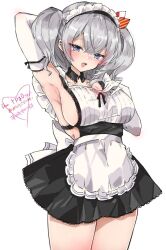 Rule 34 | 1girl, alternate costume, apron, arm up, armpits, black collar, black dress, blue eyes, blush, breasts, chigasaki yukari, collar, collarbone, cowboy shot, detached collar, dress, enmaided, frilled apron, frills, gloves, hand on own chest, kantai collection, kashima (kancolle), large breasts, looking at viewer, maid, maid apron, maid headdress, medium hair, open mouth, short dress, sideboob, simple background, sleeveless, sleeveless dress, solo, standing, thighs, twintails, waist apron, white apron, white background, white gloves, white hair