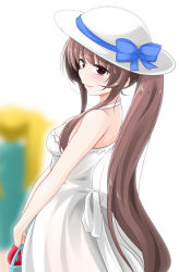 Rule 34 | 1girl, alternate costume, bag, blurry, breasts, brown eyes, brown hair, cowboy shot, depth of field, dress, gambier bay (kancolle), hat, ichimi, kantai collection, long hair, medium breasts, ponytail, simple background, sleeveless, sleeveless dress, solo, solo focus, spaghetti strap, sun hat, sundress, white background, white dress, white hat, yamato (kancolle)