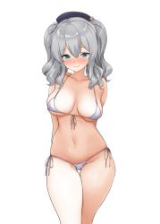 Rule 34 | 1girl, arms behind back, bikini, blue eyes, blush, breasts, closed mouth, collarbone, covered erect nipples, front-tie bikini top, front-tie top, hair between eyes, hat, highres, kaisen chuui, kantai collection, kashima (kancolle), large breasts, lips, long hair, looking at viewer, micro bikini, navel, side-tie bikini bottom, silver hair, simple background, skindentation, smile, solo, standing, swimsuit, thigh gap, thighs, twintails, wavy hair, white background, white bikini