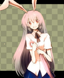 Rule 34 | 1girl, :d, animal ears, black ribbon, blue skirt, blush, checkered background, closed umbrella, letterboxed, light purple hair, long hair, looking at viewer, neck ribbon, onimaru gonpei, open mouth, rabbit ears, red eyes, reisen udongein inaba, ribbon, shirt, short sleeves, skirt, smile, solo, touhou, umbrella, upper body, very long hair, white shirt