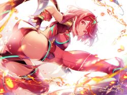 1girl artist_name ass black_gloves bob_cut breasts commentary earrings fingerless_gloves fire from_behind gem gloves green_gemstone highres impossible_clothes jewelry large_breasts looking_at_viewer looking_back on_one_knee parted_lips pyra_(xenoblade) red_eyes red_hair red_shorts red_thighhighs short_hair short_shorts shorts signature solo thighhighs tiara twitter_username ui_frara white_background xenoblade_chronicles_(series) xenoblade_chronicles_2