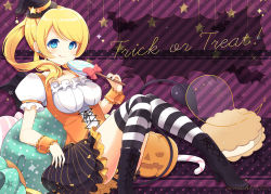 Rule 34 | 10s, 1girl, ayase eli, blonde hair, blue eyes, boots, candy, candy cane, cookie, diagonal stripes, earrings, food, halloween, hat, jack-o&#039;-lantern, jewelry, licking lips, lollipop, love live!, love live! school idol festival, love live! school idol project, over-kneehighs, ponytail, sakuramochi n, sitting, solo, star (symbol), star earrings, striped background, striped clothes, striped thighhighs, thighhighs, tongue, tongue out, trick or treat, twitter username, underbust, witch hat, wrist cuffs
