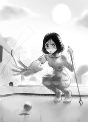 Rule 34 | 1girl, alita, ball, battle angel alita, cheating (competitive), commentary, cyborg, english commentary, golf, golf ball, golf club, greyscale, highres, hole, jiffic, knee pads, monochrome, parted bangs, short hair, sketch, solo, squatting, sweatdrop