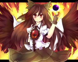 Rule 34 | 1girl, arm cannon, bad id, bad pixiv id, black sun, black wings, bow, brown hair, cape, female focus, fingerless gloves, fire, gloves, hair bow, large bow, long hair, orange eyes, pointing, red eyes, reiuji utsuho, smile, solo, sun, touhou, uranaishi (miraura), weapon, wings