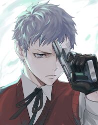 Rule 34 | 1boy, black gloves, closed mouth, collared shirt, commentary, evoker, gloves, grey eyes, grey hair, gun, gun to head, holding, holding gun, holding weapon, isa (peien516), long sleeves, male focus, persona, persona 3, portrait, red sweater vest, sanada akihiko, serious, shirt, short hair, simple background, sketch, solo, sweater vest, very short hair, weapon, white background