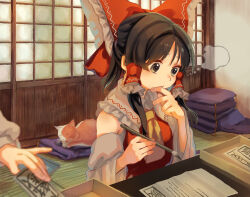 Rule 34 | 1girl, animal, ascot, bare shoulders, black hair, bow, brown eyes, cat, detached sleeves, goutokuji mike, goutokuji mike (cat), hair bow, hair tubes, hakurei reimu, highres, holding, holding brush, japanese clothes, matsukuzu, nontraditional miko, paper, red bow, short hair, sidelocks, sliding doors, solo focus, tatami, touhou, white sleeves, wide sleeves, yellow ascot