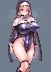 Rule 34 | 1girl, alternate breast size, bare hips, black footwear, black leotard, blonde hair, blush, boots, breasts, breath, brown eyes, capelet, contrapposto, covered erect nipples, covered navel, gloves, habit, highleg, highleg leotard, highres, kagami uekusa, large breasts, latex, latex leotard, leotard, long hair, long sleeves, looking at viewer, nijisanji, nose blush, nun, parted bangs, sister claire, solo, taut clothes, thigh strap, very long hair, virtual youtuber, white capelet, white gloves