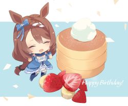 Rule 34 | 1girl, animal ears, banana, blue dress, boots, braid, braided ponytail, breasts, brown hair, chibi, closed eyes, cream, dress, food, fruit, hand on own cheek, hand on own face, happy birthday, horse ears, large breasts, liu xiaolu, long hair, mini person, minigirl, open mouth, pancake, ponytail, smile, solo, strawberry, super creek (umamusume), thigh boots, thighhighs, umamusume, wrist cuffs