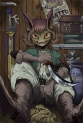 Rule 34 | belt, book, boots, brown hair, dagger, fangs, gloves, knife, no humans, pectorals, pointy ears, poster, poster (medium), sword, tail, treasure, vase, wanted, weapon, yellow eyes