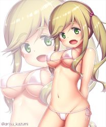 Rule 34 | 1girl, arisu kazumi, arms behind back, artist name, bikini, blonde hair, blush, breasts, cleavage, fang, female focus, green eyes, hair bobbles, hair ornament, inuyama aoi, jpeg artifacts, long hair, looking at viewer, medium breasts, micro bikini, navel, open mouth, shiny skin, side-tie bikini bottom, side ponytail, simple background, smile, solo, standing, swimsuit, text focus, twitter username, underboob, white background, white bikini, yurucamp, zoom layer