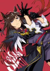 Rule 34 | 1girl, absurdres, adjusting clothes, adjusting gloves, ahoge, akaya shiki, animal ears, artist name, black gloves, black jacket, blue eyes, brown hair, cape, closed mouth, commentary, duramente (umamusume), dutch angle, ear ornament, ear piercing, feathers, gloves, hair between eyes, highres, horse ears, horse girl, horse tail, jacket, long hair, long sleeves, looking at viewer, multicolored hair, piercing, red background, simple background, solo, streaked hair, tail, umamusume, very long hair, white hair