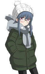 Rule 34 | 1girl, absurdres, aikawa ryou, black pantyhose, blush, commentary request, glasses, green jacket, grey scarf, hands in pockets, highres, jacket, looking at viewer, pantyhose, pocket, scarf, shima rin, simple background, solo, standing, white background, white headwear, winter clothes, yurucamp