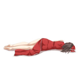 Rule 34 | 1girl, adapted costume, ass, back, bad id, bad pixiv id, bare legs, barefoot, bow, brown hair, china dress, chinese clothes, dress, feet, female focus, from behind, full body, hair bow, hair tubes, hakurei reimu, legs, lying, mochi.f, on side, ponytail, short hair, side slit, simple background, sleeveless, solo, touhou, white background
