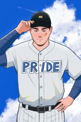 Rule 34 | 1boy, aircraft, airplane, bara, baseball cap, baseball uniform, belt, black belt, black eyes, black hair, blue sky, english text, hand on headwear, hand on own hip, hat, hat tip, heart, highres, imramillust, light smile, looking at viewer, male focus, muscular, muscular male, original, rainbow flag, short hair, sky, solo, sportswear, star (symbol), sticker on face, thick eyebrows, upper body