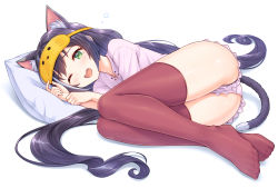 Rule 34 | 1girl, animal ear fluff, animal ears, ass, black hair, black panties, blush, cat ears, cat girl, cat tail, commentary request, fang, full body, green eyes, grey hair, hands up, highres, karyl (princess connect!), long hair, looking at viewer, low twintails, lying, mask, mask on head, multicolored hair, no shoes, on side, one eye closed, open mouth, panties, panty peek, pillow, pink shirt, pink shorts, princess connect!, red thighhighs, shirt, short shorts, shorts, sleep mask, solo, streaked hair, tail, thighhighs, tomo (tmtm mf mf), twintails, underwear, upshorts, very long hair, white background