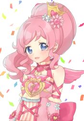 Rule 34 | 1girl, :d, bad id, bad twitter id, bare shoulders, blue eyes, commentary request, confetti, crown, flower, hair flower, hair ornament, heart, inactive account, kiratto pri chan, long hair, looking at viewer, momoyama mirai, open mouth, pink flower, pink hair, pink wings, ponytail, pretty series, shiyurinpu, sidelocks, smile, solo, upper body, white background, wings