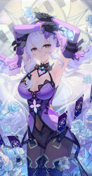 Rule 34 | 1girl, absurdres, arm belt, armpits, arms up, bare shoulders, between fingers, black gloves, black swan (honkai: star rail), bodysuit, breasts, card, card between fingers, cleavage, commentary request, covered navel, dress, elbow gloves, flower, gloves, highres, holding, honkai: star rail, honkai (series), large breasts, looking at viewer, pistachiocream, purple dress, purple eyes, purple flower, purple gloves, purple hair, purple rose, purple veil, rose, sleeveless, sleeveless dress, smile, solo, tarot, tarot (card), veil
