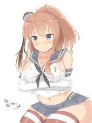 Rule 34 | 1girl, artist name, black panties, blue eyes, blue sailor collar, breasts, brown hair, cosplay, cowboy shot, crop top, elbow gloves, gloves, highleg, highleg panties, kantai collection, large breasts, long hair, navel, nepty (silkey vod), panties, ponytail, sailor collar, saratoga (kancolle), shimakaze (kancolle), shimakaze (kancolle) (cosplay), side ponytail, simple background, sitting, solo, striped clothes, striped thighhighs, thighhighs, twitter username, underwear, white background, white gloves