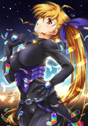 Rule 34 | 1girl, ahoge, artist name, black bodysuit, black gloves, blonde hair, blush, bodysuit, breasts, commentary request, gloves, grin, hair ribbon, hand on own hip, highres, large breasts, long hair, looking at viewer, looking to the side, lyrical nanoha, mahou shoujo lyrical nanoha strikers, purple ribbon, red eyes, ribbon, san-pon, side ponytail, sidelocks, smile, solo, very long hair, vivio