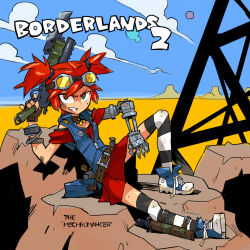 Rule 34 | 1girl, alternate legwear, artificial limb, artist request, bandaid, bandaid on face, borderlands (series), borderlands 2, choker, gaige, gloves, goggles, green eyes, grin, gun, highres, jewelry, necklace, red hair, shoes, smile, sneakers, solo, thighhighs, twintails, weapon