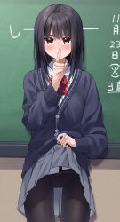 Rule 34 | 1girl, absurdres, black hair, black pantyhose, blush, bow, bowtie, brown eyes, cardigan, chalkboard, clothes lift, collared shirt, commentary request, finger to mouth, flashing, grey skirt, highres, kiona (giraffe kiona), lifted by self, long hair, looking at viewer, original, panties, panties under pantyhose, pantyhose, pleated skirt, red bow, school uniform, shirt, shushing, skirt, skirt lift, solo, translated, underwear, white shirt