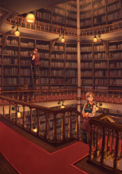 Rule 34 | 1boy, 1girl, absurdres, anbe yoshirou, blonde hair, book, book stack, bookshelf, breasts, brown hair, climbing ladder, glasses, green eyes, highres, ladder, lamp, legs, library, long hair, long sleeves, looking to the side, medium breasts, original, pants, pantyhose, railing, red carpet, revision, scenery, short hair, smile, too many, too many books