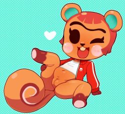 Rule 34 | 1girl, :3, animal crossing, animal ears, animal nose, arm support, black eyes, blue background, blush stickers, bottomless, buck teeth, cleft of venus, female focus, full body, furry, furry female, half-closed eye, hazel (animal crossing), heart, jacket, long sleeves, navel, nintendo, no panties, open clothes, open jacket, open mouth, polka dot, polka dot background, pussy, red hair, red jacket, sarikyou, shiny skin, shirt, short hair, sitting, smile, solo, spread legs, squirrel ears, squirrel girl, squirrel tail, tail, teeth, thighs, track jacket, uncensored, unibrow, white shirt