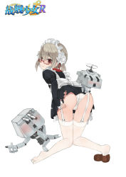 Rule 34 | 1girl, all fours, ass, blush, feet, garter straps, glasses, grey hair, hair ribbon, hibiki (warship girls r), highres, kneeling, knees together feet apart, looking at viewer, maid, maid headdress, open mouth, panties, red-framed eyewear, red eyes, red ribbon, ribbon, semi-rimless eyewear, shoes, short hair, short twintails, simple background, single shoe, sleeves past wrists, stmast, tears, thighhighs, torn clothes, twintails, under-rim eyewear, underwear, verniy (warship girls r), warship girls r, wavy mouth, white panties, white thighhighs