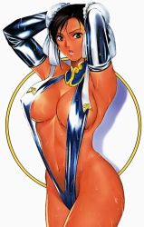 Rule 34 | 1girl, :o, adapted costume, armpits, arms behind head, arms up, black hair, breasts, bun cover, capcom, chun-li, cleavage, covered erect nipples, curvy, double bun, elbow gloves, gloves, grey eyes, hair bun, halterneck, homare (fool&#039;s art), large breasts, looking at viewer, one-piece swimsuit, open mouth, ribbon, scan, shadow, shiny clothes, sideboob, slingshot swimsuit, solo, standing, street fighter, swimsuit, tan, turtleneck, wet