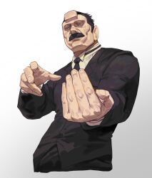 Rule 34 | 1boy, black eyes, black hair, black necktie, facial hair, formal, golden kamuy, hieumay, highres, long sleeves, male focus, mustache, necktie, sideburns, simple background, solo, suit, ushiyama tatsuma, white background