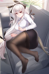 Rule 34 | 1girl, absurdres, arknights, ass, bad id, bad pixiv id, black footwear, black ribbon, black skirt, breasts, brown pantyhose, closed mouth, couch, foot focus, hair ribbon, highres, indoors, large breasts, lingshalan, long hair, long sleeves, looking at viewer, low-tied long hair, lying, miniskirt, office lady, on couch, on side, panties, panties under pantyhose, pantyhose, pencil skirt, plant, potted plant, red eyes, ribbon, shirt, signature, skirt, smile, solo, thighband pantyhose, underwear, very long hair, weedy (arknights), white hair, white panties, white shirt