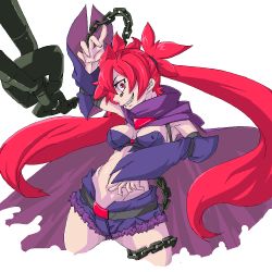 Rule 34 | 1girl, aq interactive, arcana heart, arcana heart 3, atlus, breasts, cape, chain, crazy eyes, detached sleeves, examu, long hair, medium breasts, red hair, scharlachrot, solo, twintails