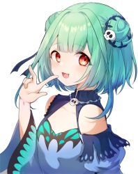 Rule 34 | 1girl, :d, absurdres, animal print, aoirnn, bare shoulders, blue dress, blue hair, blue ribbon, blue sleeves, brooch, butterfly print, detached collar, detached sleeves, double bun, dress, flat chest, gradient hair, green hair, hair bun, hair ornament, hair ribbon, highres, hololive, jewelry, juliet sleeves, long sleeves, medium hair, multicolored hair, open mouth, puffy sleeves, red eyes, ribbon, simple background, skull brooch, skull hair ornament, smile, solo, upper body, uruha rushia, uruha rushia (1st costume), virtual youtuber, white background, wide sleeves