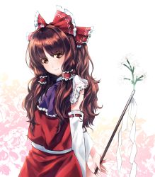 Rule 34 | 1girl, ascot, bad id, bad pixiv id, bow, brown eyes, brown hair, detached sleeves, hair bow, hair tubes, hakurei reimu, highres, long hair, mappe (778exceed), nontraditional miko, phantasmagoria of flower view, red skirt, red vest, skirt, skirt set, smile, solo, touhou, vest, wavy hair