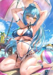 Rule 34 | adjusting hair, anklet, armband, arms up, ball, beach, beach umbrella, beachball, belt, bikini, bikini under clothes, blue bikini, blue hair, blush, breasts, cleavage, hair tie, hair tie in mouth, hairband, himonoata, hololive, jewelry, kneeling, large breasts, mouth hold, navel, open fly, outdoors, pointy ears, ponytail, shorts, swimsuit, thick thighs, thighs, umbrella, unbuttoned, underboob, virtual youtuber, yellow eyes, yukihana lamy